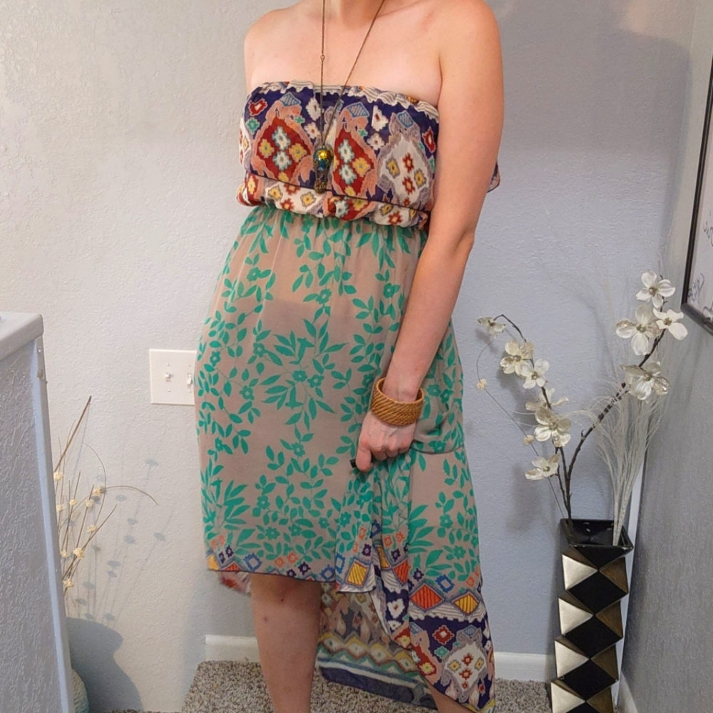 Yahada cinch waist, Hi-Low hem, flowy multicolored Sundress, Sleeveless, Large